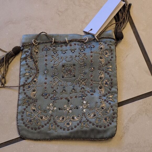 NWT Megan Park handmade beaded silk drawstring bag light blue - Picture 11 of 13